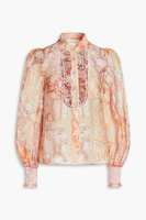 Блуза из льна и органзы с рюшами и цветочным принтом ZIMMERMANN, персиковый