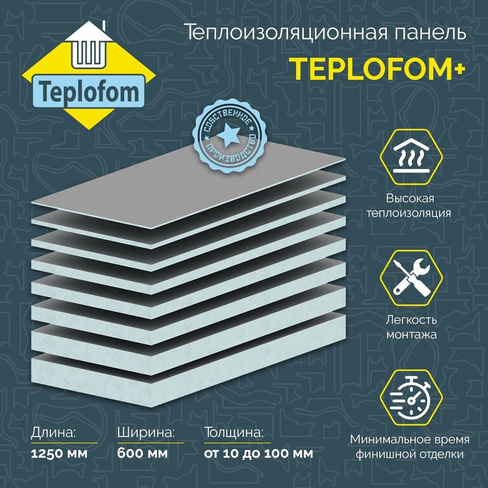 Теплоизоляционная панель Teplofom+ 30 XPS, размер 1250x600x30 мм Двухсторонний