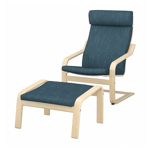 ПОЭНГ Кресло и подставка для ног, березовый шпон/Хилларед темно-синий POÄNG IKEA