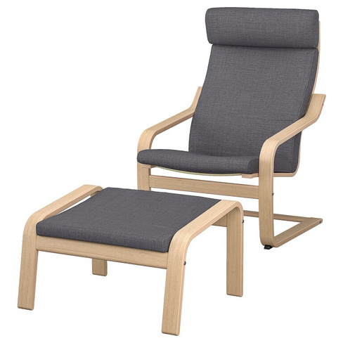 ПОЭНГ Кресло и подставка для ног, дубовый шпон светлый/Скифтебо темно-серый POÄNG IKEA