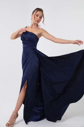 Женское атласное вечернее платье и выпускное платье темно-синего цвета на одно плечо Lafaba, темно-синий