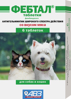 Фебтал, универсальный антигельминтик для кошек и собак, 6 таблеток 1т.*3кг.